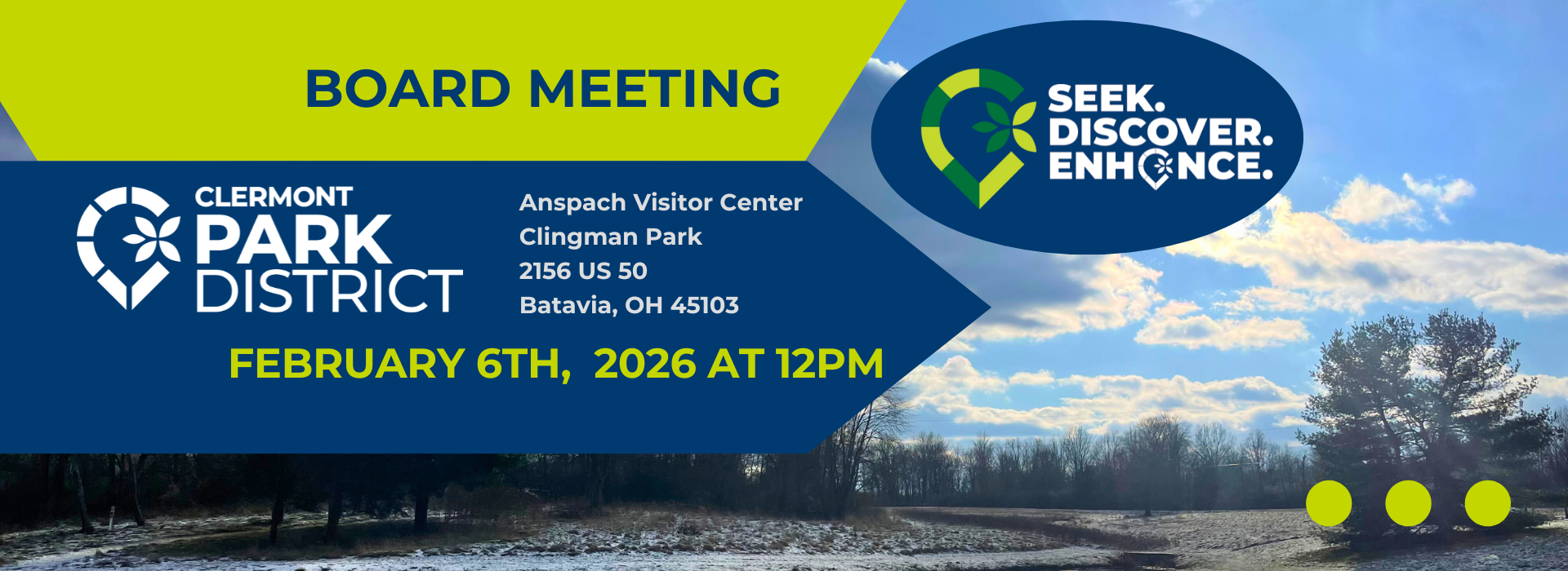 The next Board Meeting will be held at Clingman Park on February 6th, 2026 at 12pm.